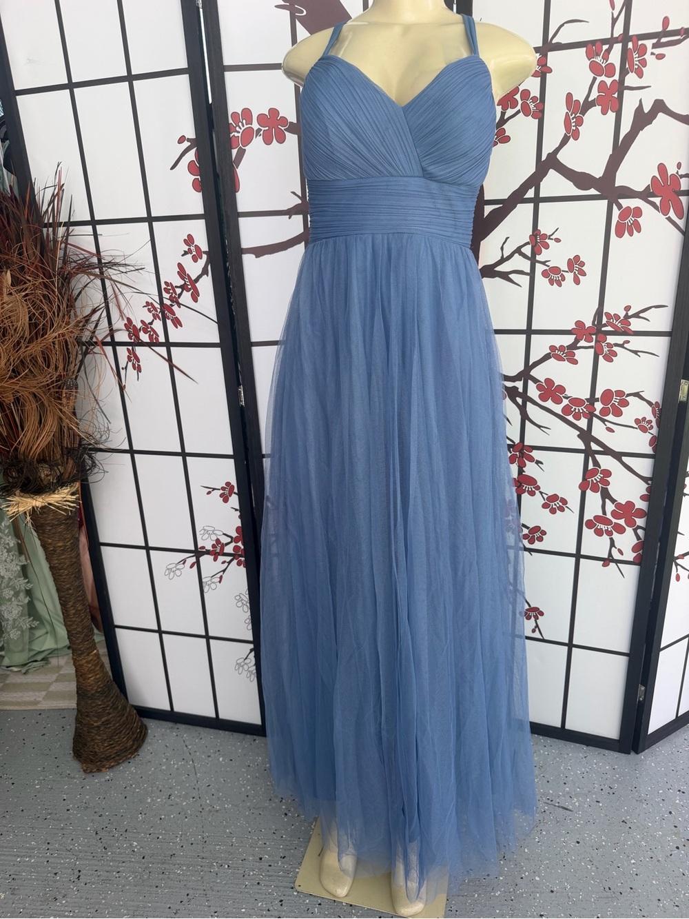 Ever Pretty Dusty Blue Tulle Maxi Dress with Ruched Bodice
